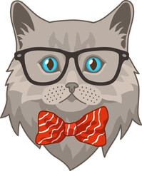Cat in glasses with butterfly tie. Cute animal head, funny hipster avatar, trendy character, web icon, modern print, decorative element, vector cartoon flat style isolated meow illustration