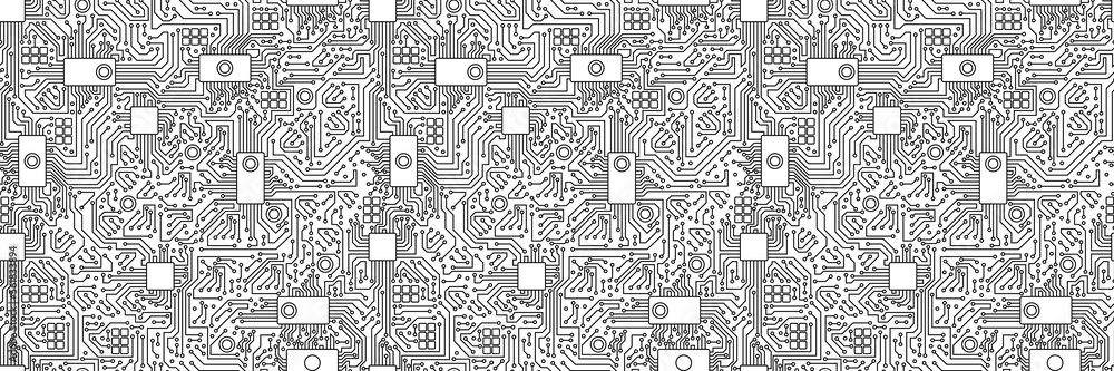 Poster chips on motherboard electronic background. engineering and digital communication system with data t