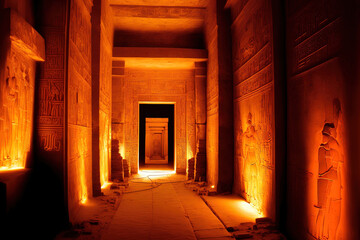 Egypt Aswan's temple in Edfu. A warm orange lighting coming from a door illuminates a passageway that is bordered by two bright walls covered in Egyptian hieroglyphs. Generative AI