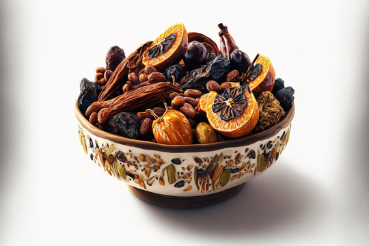 Fruit bowl with dried dates in it, isolated on a white backdrop. Generative AI
