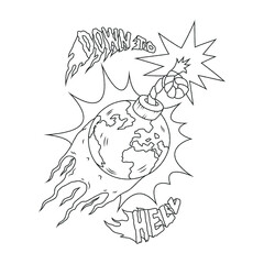 Isolated vector illustration of the Earth in the form of an ignition bomb. Thin line art work for t-shirt design, cover etc.