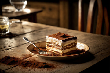 Cocoa tiramisu on a wooden table in a restaurant, Generative art