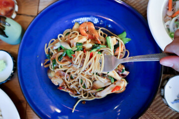 spicy pasta or seafood pasta or spicy spaghetti or seafood spaghetti ,Thai spaghetti