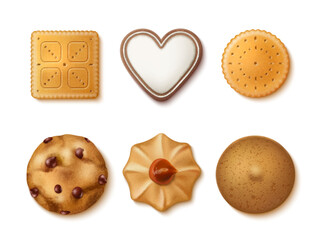 Realistic cookies. Sweet variety biscuits, cream and glazed, top view bakery products, homemade delicious crackers with chocolate and jam, 3d isolated elements, utter vector set