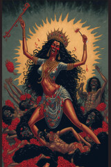 Fototapeta na wymiar Maha Kali Deva Götting der Zerstörung verfällt dem Wahnsinn - Schrecken, Hass, Entsetzen, Grausam, Gewalt - hinduistisch religiöse Kunst für Poster, Hintergründe, T-shirts