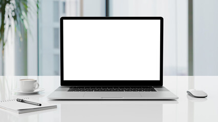 Laptop mockup with transparent screen png on table with office workspace background - obrazy, fototapety, plakaty
