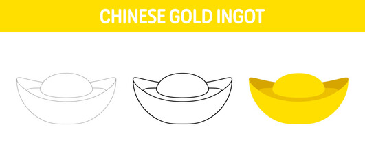 Chinese Gold Ingot tracing and coloring worksheet for kids