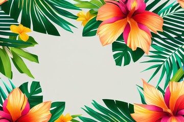 Fototapeta na wymiar Tropical background with leaves and bright colorful flowers. Generative AI