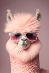 Pink alpaca wearing turquoise sunglasses on pink background. Generative AI - obrazy, fototapety, plakaty