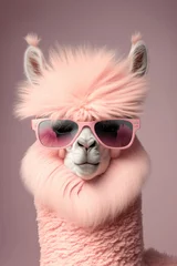 Foto auf Alu-Dibond Pink alpaca wearing turquoise sunglasses on pink background. Generative AI © Elisabeth Cölfen