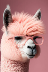 Pink alpaca wearing pink sunglasses on pink background. Generative AI - 561836281