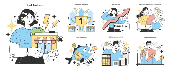 Small business set. Fears and concerns about starting and developing