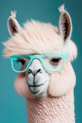 Pink alpaca wearing turquoise sunglasses on pink background. Generative AI - 561836643