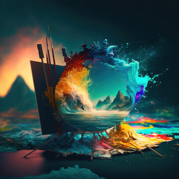 Abstract landscape on a malbert with painting and brushes, Generative art