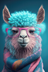 Obraz premium Pink alpaca with turquoise hair and a scarf wearing pink sunglasses on pink background. Generative AI