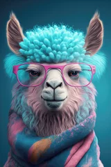 Zelfklevend Fotobehang Pink alpaca with turquoise hair and a scarf wearing pink sunglasses on pink background. Generative AI © Elisabeth Cölfen