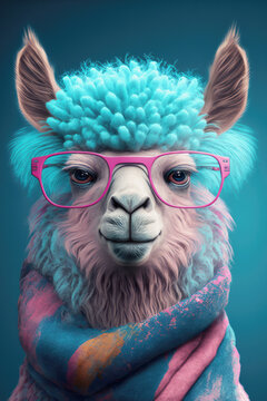 Pink alpaca with turquoise hair and a scarf wearing pink sunglasses on pink background. Generative AI