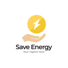 Save energy icon. Lightning bolt between hand icon in black flat glyph, filled style isolated on white background