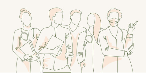 a group of people in smocks, doctors, with a tablet