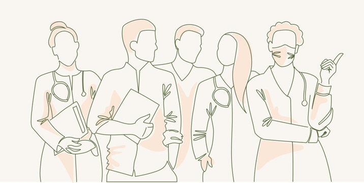 a group of people in smocks, doctors, with a tablet