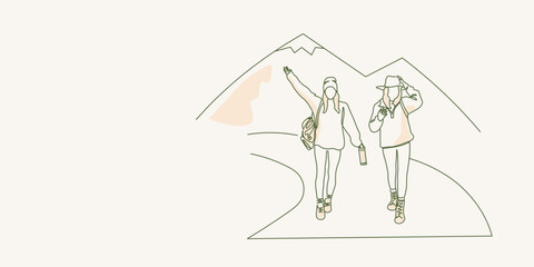 two tourists go to the mountains. one line style