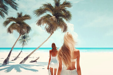 On vacation on a tropical island by the sea with coconut trees. Two young women in front of the turquoise lagoon as a digital illustration (Generative AI)