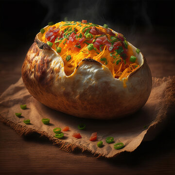 Yummy baked potatoes kumpir with cheese and vegetables on the table, Generative art