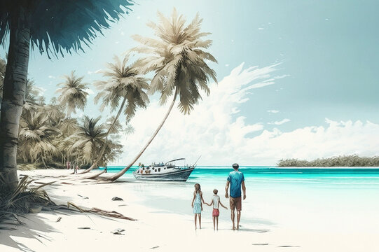 On vacation on a tropical island by the sea with coconut trees. Family with children in front of the turquoise lagoon as a digital illustration (generative AI)