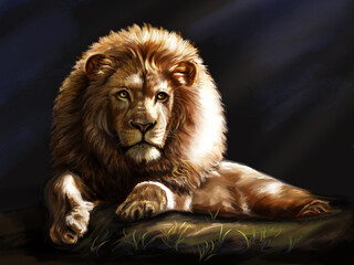 Realistic digital painting of a lion. Big wild animal.