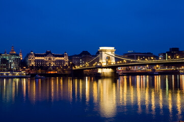 The chain bridge in Budapest, Hungary, looking towards Pest, night scene