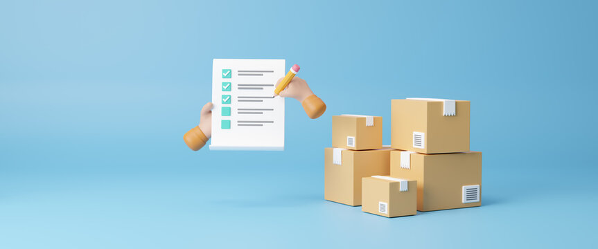 Checking list of shipment packaging boxes, prepare parcel box and check online orders of product for deliver to customer, supply chain, logistics and transport, shopping online concept,3d rendering