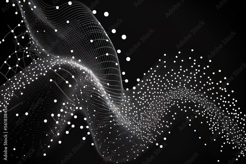 Poster dots and lines in a wave. Background is amorphous. structure of network connections. Generative AI