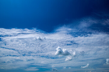 Obraz premium White cumulus clouds against the blue sky. White clouds. Blue sky. Fluffy cloud. Clear sunny day. Weather. Weather forecast. Summer season. Beauty in nature. Outdoors.