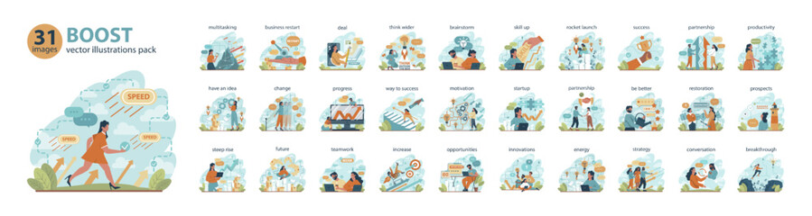 Boost big set. Business growth or improvement concepts collection.