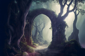 Into the deep woods, atmospheric landscape with an archway and ancient trees, misty and foggy mood