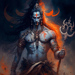 Lord Shiva Gott der Zerst&ouml;rung epische Pose mit Tribuvhan f&uuml;r t-shirt print, poster - Religi&ouml;se hinduistische Kunst	