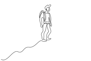 male person alone in nature backpack summit top cool stand line art