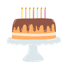 Birthday cake on a stand with candles in flat style. Hand drawn vector illustration of chocolate cake with cream, sweet dessert, pastry food