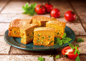 torta salgada de legumes e tomates vermelhos ao fundo © Pic_It