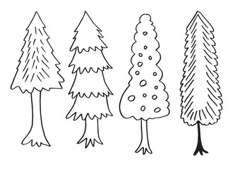 doodle park forest conifer abstract silhouettes outlined trees in black color collection set
