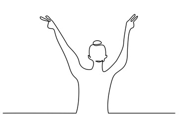 young fit woman peace fingers arms up happy line art