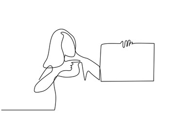 young woman billboard frame pointing show advertisement promotion line concept