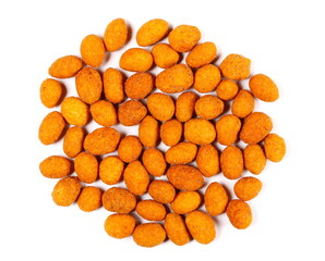 Peanuts chili, hot spice, snack pile isolated on white background, top view