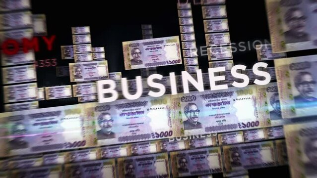 Bangladesh Taka money loop 3d animation. Camera flying between BDT banknotes. Finance, economy, crisis, business success, recession, debt and tax seamless looped concept.