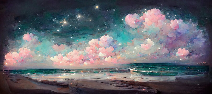 ai midjourney generated illustration of an abstract fantasy seascape in the night with fluffy pink clouds and bright stars