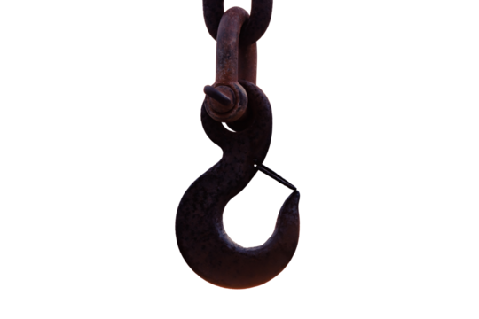 Vieux crochet rouillé d'une grue avec la chaine sur un fond transparent.