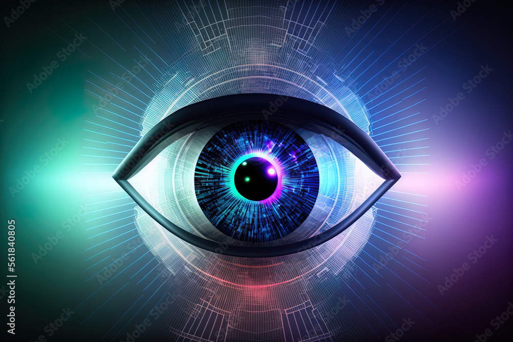 Poster scanner of the eye on an abstract holographic background. the concept of modern and virtual reality.