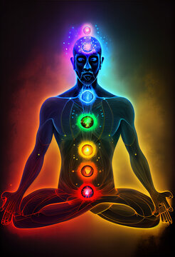 7 chakras concept, man or woman in lotos position with seven chakras on the body