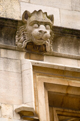 A carved lion-like gargoyle on an Oxford College UK with a detail of window