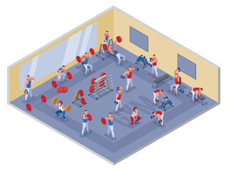 Bodybuilders in the gym illustration isometric icons on isolated background